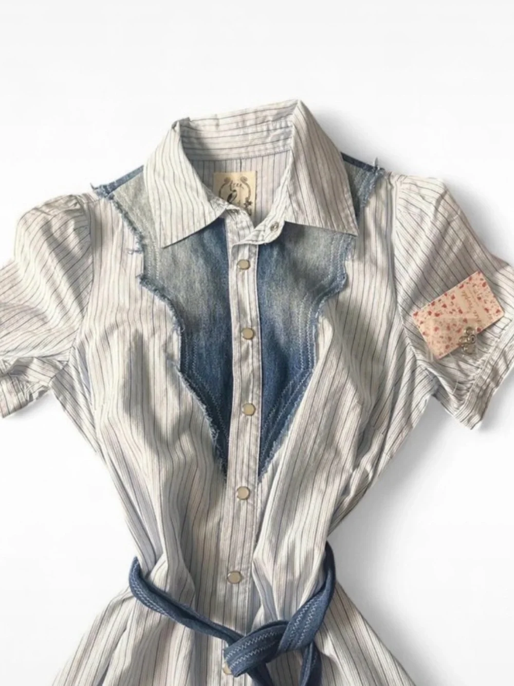 Free People Cream and Blue Striped Denim-Trim Mini Dress - Picture 2 of 4